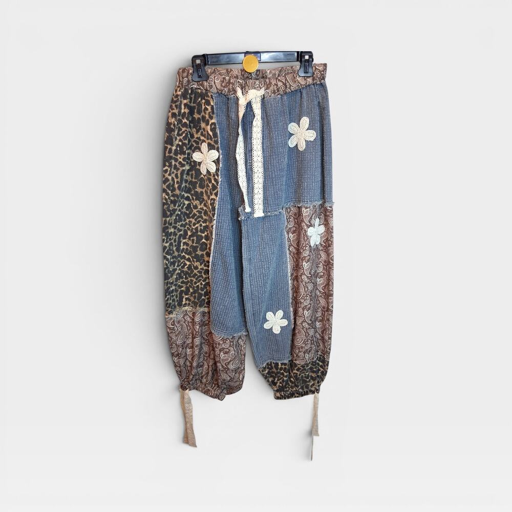 POL Boho Patchwork Pants Leopard Paisley Mixed Print Balloon Leg Festival Wear